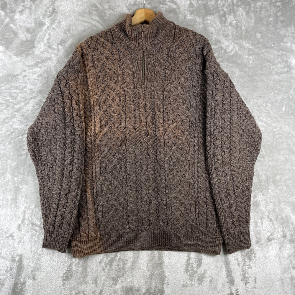 Orvis Quarter Zip Sweater Mens Large Brown Wool Cable Knit Ireland Faded